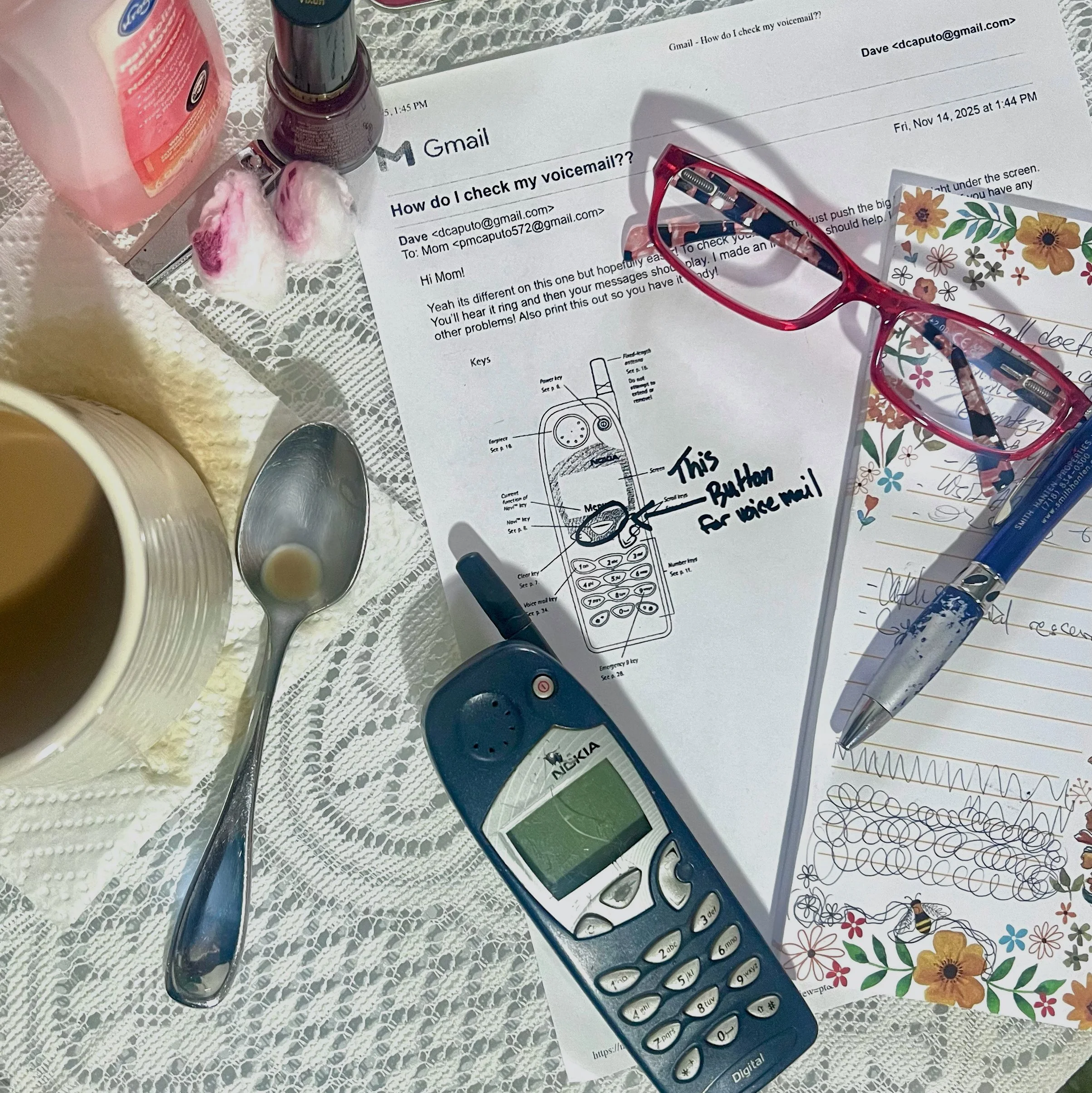 The table setting — a recreation of where my mom used to sit.