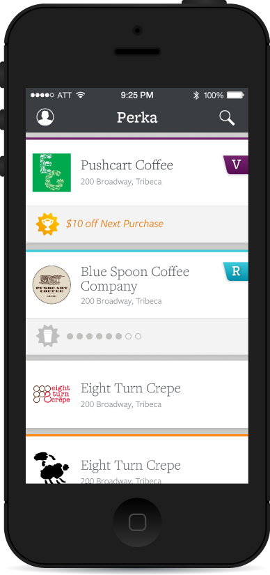 Eventually we were able to get our merchant branding into the list view. The purple, blue, and orange accents show the users tier status at these locations.