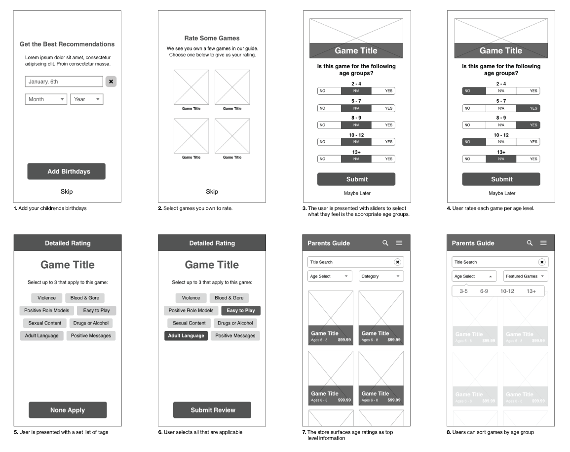 Early wireframe layout for the Parents Guide rating and search flow.