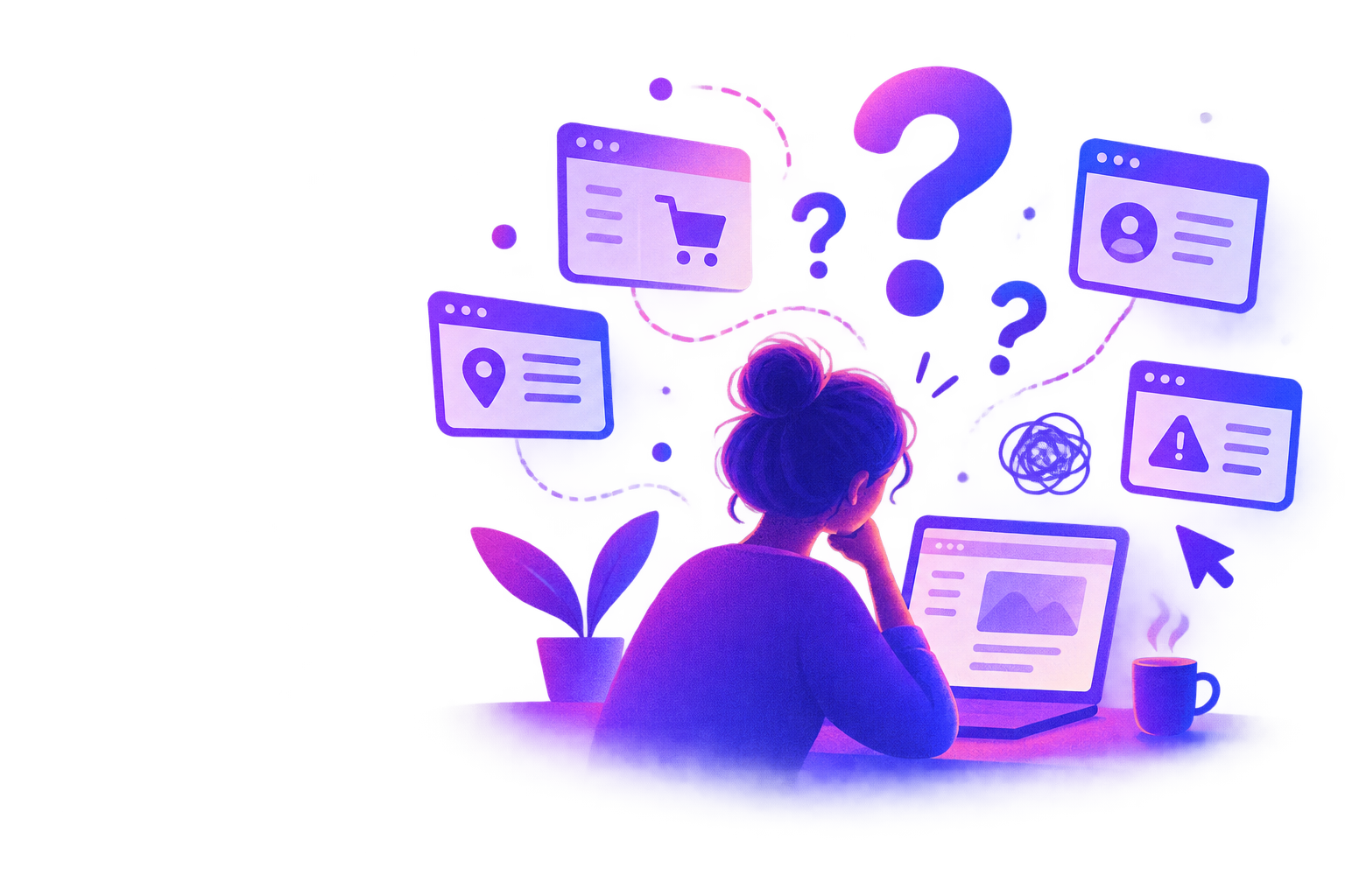 A person at a laptop surrounded by confusing product screens and question marks.