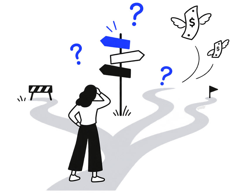 A person stops at a fork in a glowing path, hand on her head, facing a signpost whose arrows point three different ways. A barricade blocks one route, another loops back on itself into a hole, and banknotes with wings fly away toward a distant flag.